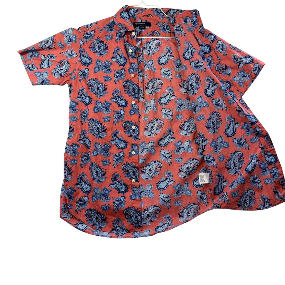 Cremieux Classics Mens Small Coral Orange Blue Paisley Short Sleeve Button Down